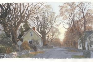 Reproducerad akvarell/giclée - Vickleby bygata om hösten